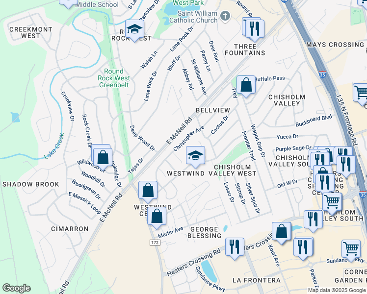 map of restaurants, bars, coffee shops, grocery stores, and more near 2010 Laura Court in Round Rock
