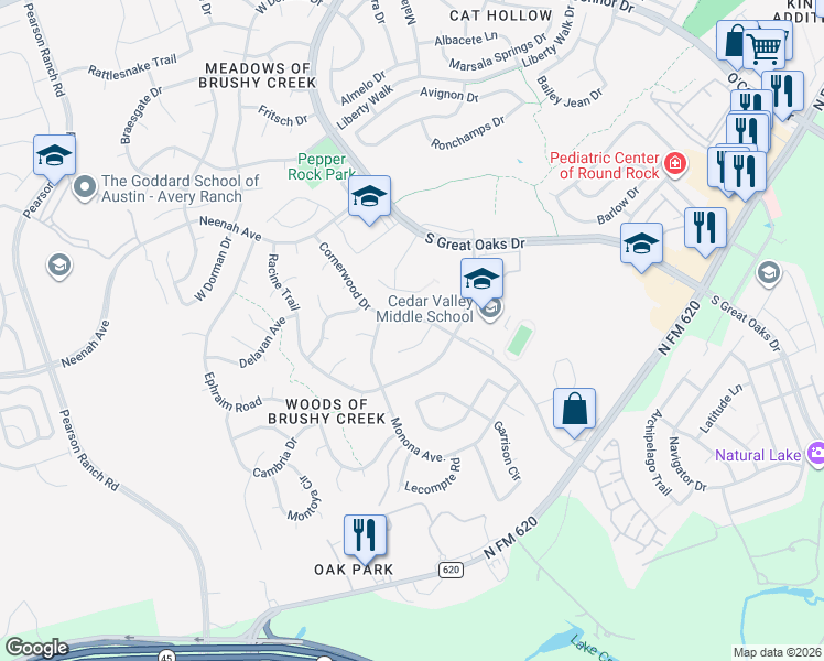 map of restaurants, bars, coffee shops, grocery stores, and more near 15903 Cornerwood Court in Austin