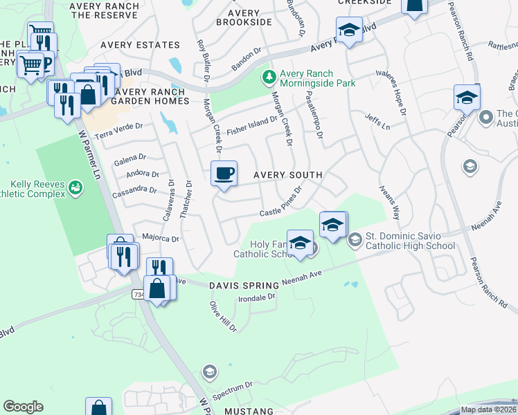 map of restaurants, bars, coffee shops, grocery stores, and more near 9216 Castle Pines Drive in Austin