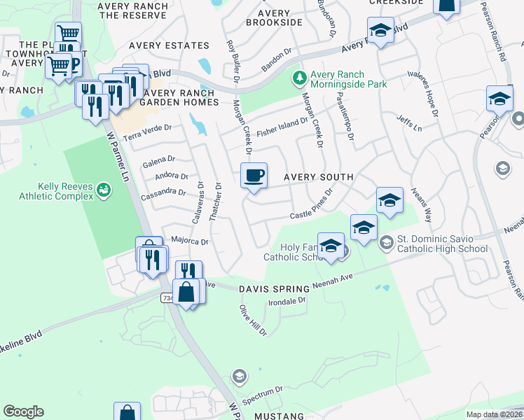 map of restaurants, bars, coffee shops, grocery stores, and more near 9117 Laguna Woods Drive in Austin