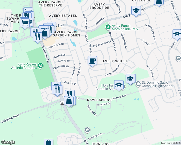 map of restaurants, bars, coffee shops, grocery stores, and more near 9717 Spanish Wells Drive in Austin