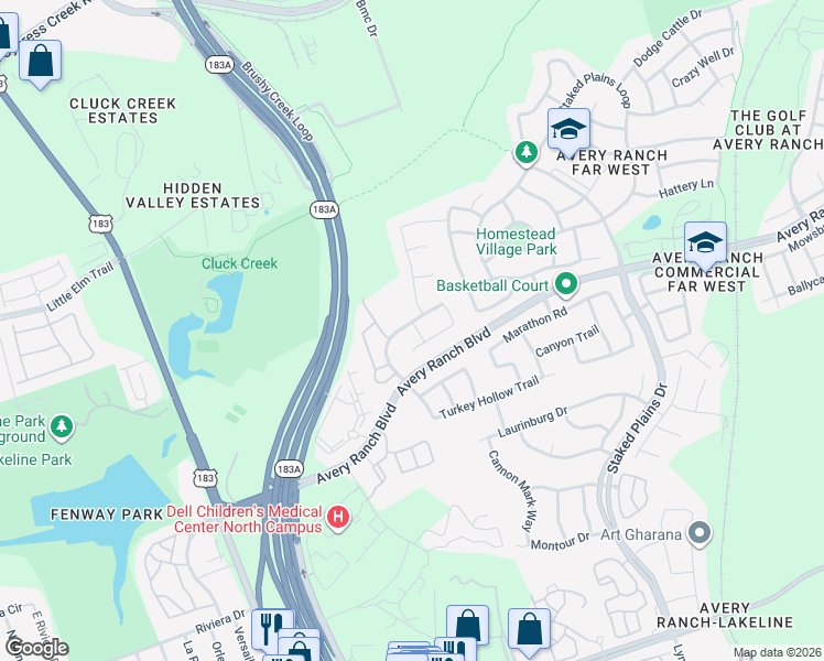 map of restaurants, bars, coffee shops, grocery stores, and more near 12005 Harpster Bend in Austin