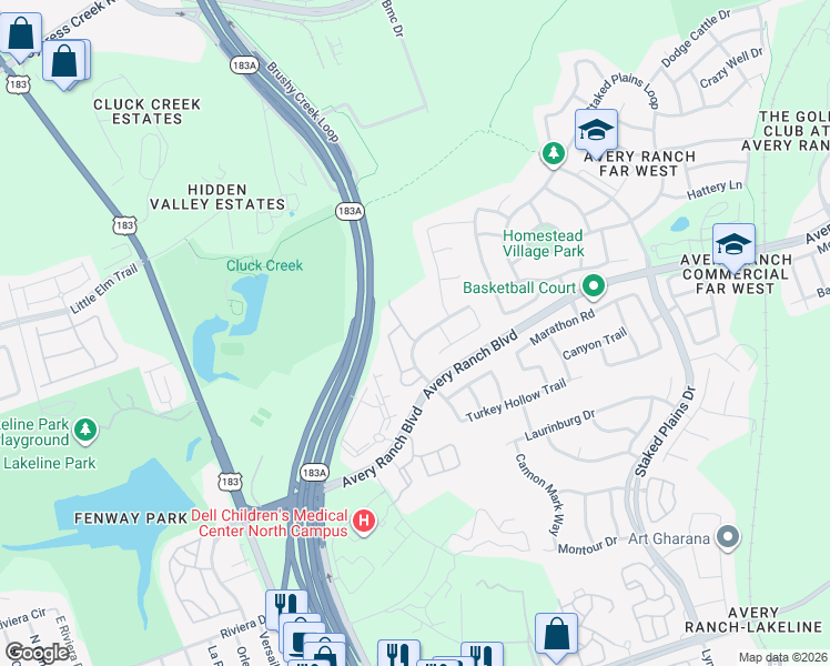 map of restaurants, bars, coffee shops, grocery stores, and more near 12005 Harpster Bend in Austin