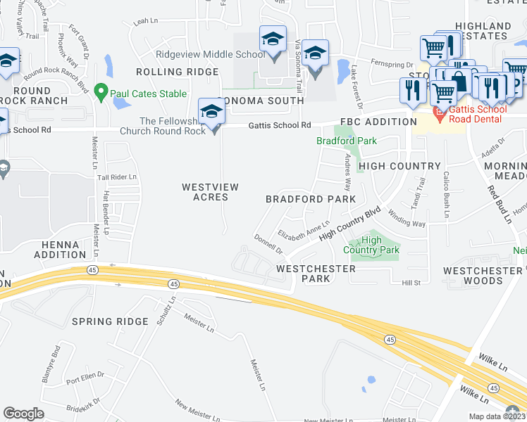map of restaurants, bars, coffee shops, grocery stores, and more near 2938 Donnell Drive in Round Rock