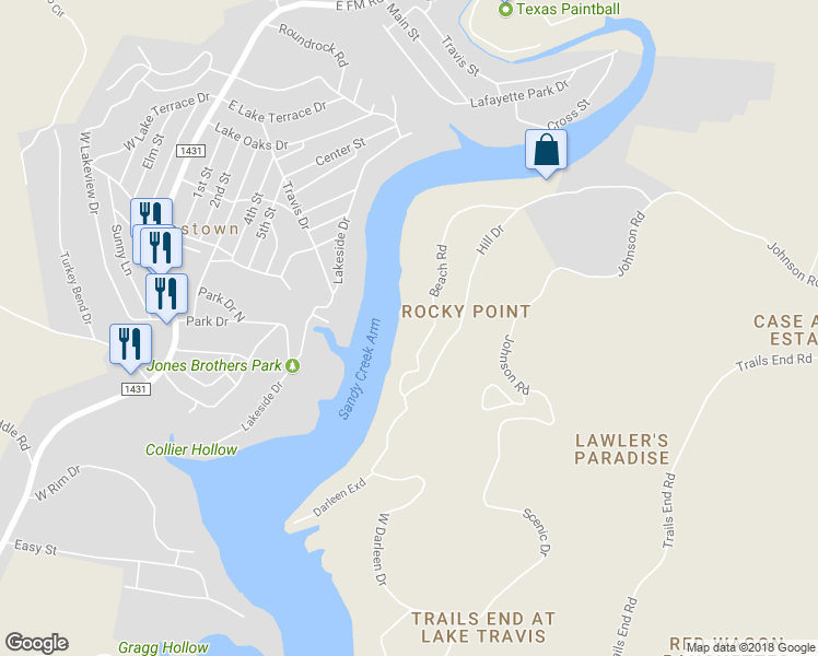 map of restaurants, bars, coffee shops, grocery stores, and more near 10902 Beach Road in Leander