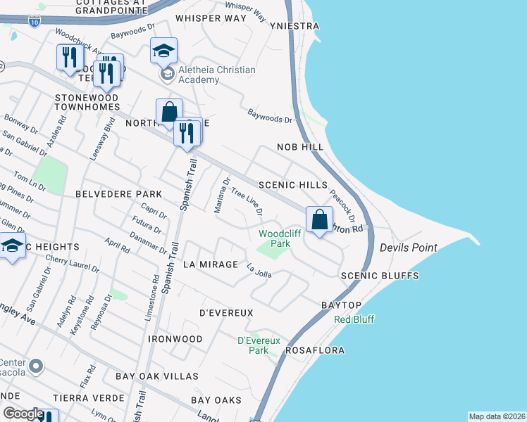 map of restaurants, bars, coffee shops, grocery stores, and more near 4580 Tree Line Drive in Pensacola