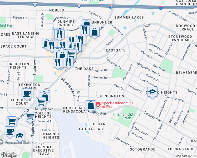 map of restaurants, bars, coffee shops, grocery stores, and more near 3265 Keating Road in Pensacola