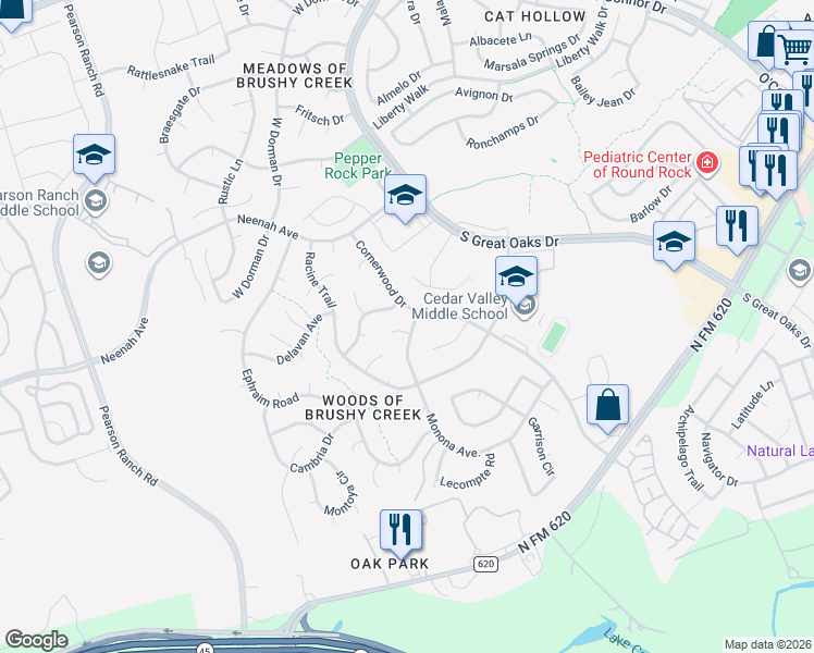 map of restaurants, bars, coffee shops, grocery stores, and more near 8300 Mendota Cove in Austin