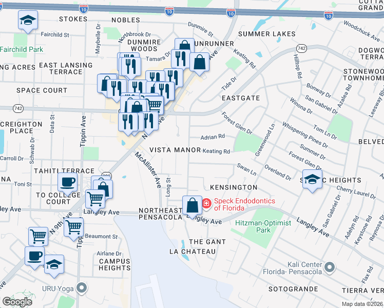 map of restaurants, bars, coffee shops, grocery stores, and more near 3205 Keating Road in Pensacola