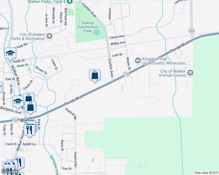 map of restaurants, bars, coffee shops, grocery stores, and more near 10624 Florida Boulevard in Walker