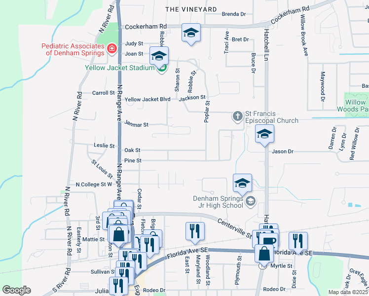 map of restaurants, bars, coffee shops, grocery stores, and more near 333 Oak Street in Denham Springs