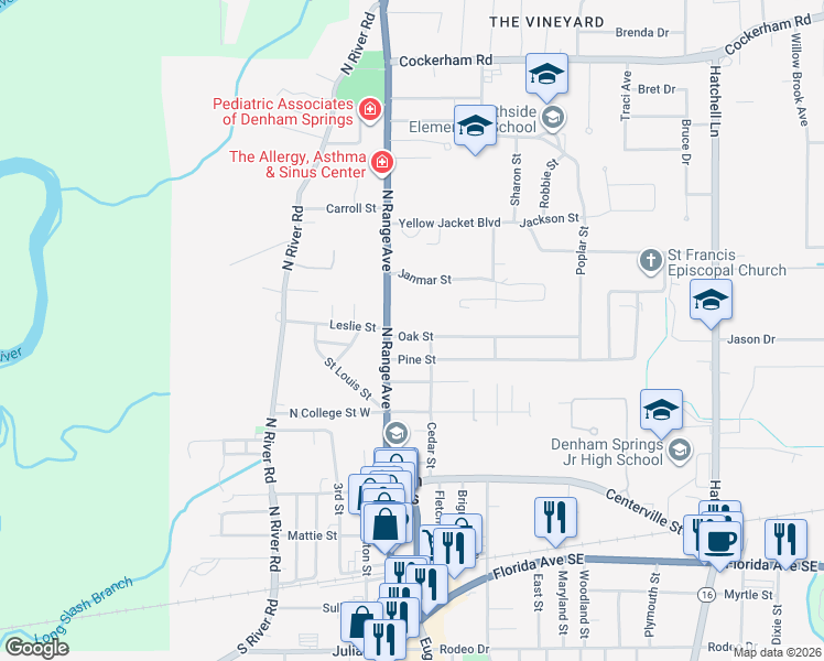 map of restaurants, bars, coffee shops, grocery stores, and more near 119 Oak Street in Denham Springs