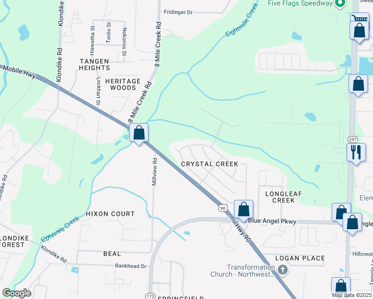 map of restaurants, bars, coffee shops, grocery stores, and more near 6865 Rickwood Drive in Pensacola