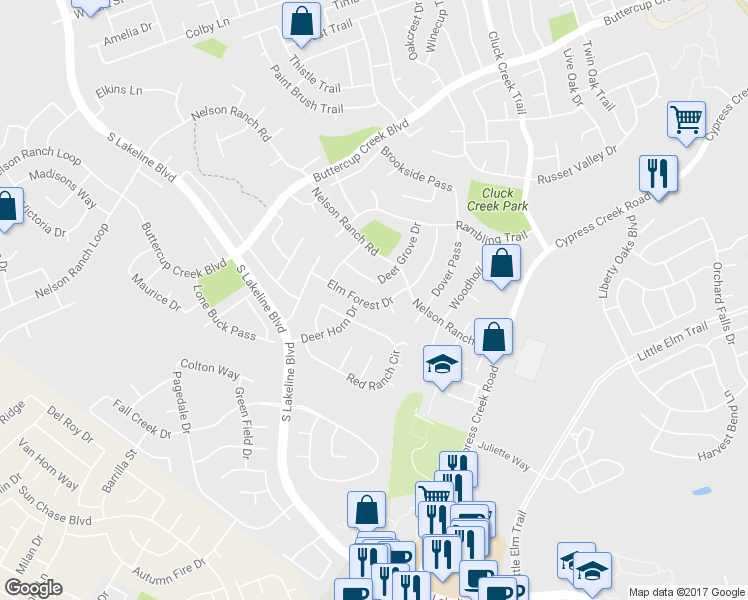 map of restaurants, bars, coffee shops, grocery stores, and more near 1215 Elm Forest Drive in Cedar Park