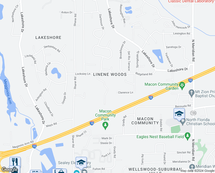 map of restaurants, bars, coffee shops, grocery stores, and more near 2849 Green Forest Lane in Tallahassee