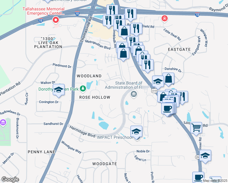 map of restaurants, bars, coffee shops, grocery stores, and more near 1800 Hermitage Boulevard in Tallahassee