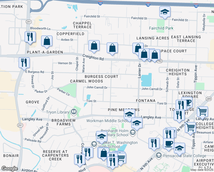 map of restaurants, bars, coffee shops, grocery stores, and more near 1496 John Carroll Drive in Pensacola