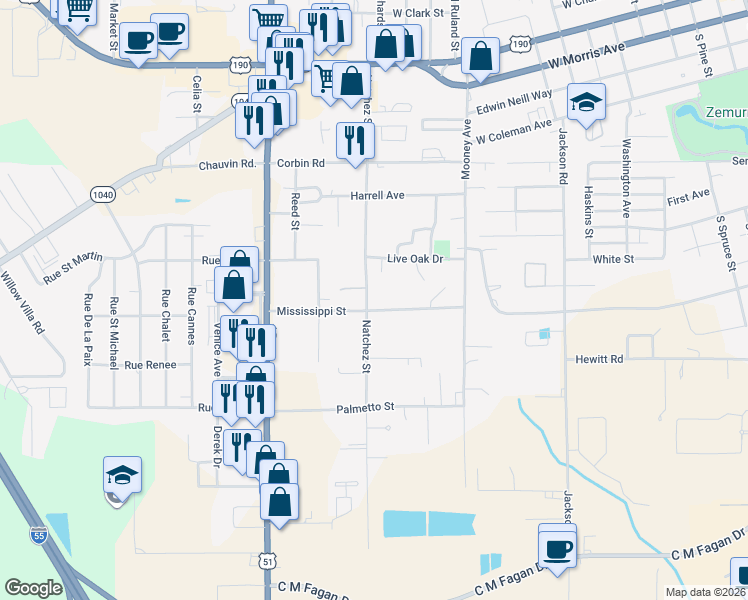 map of restaurants, bars, coffee shops, grocery stores, and more near 500 Mississippi Street in Hammond
