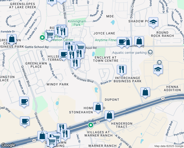 map of restaurants, bars, coffee shops, grocery stores, and more near 2111 A.W. Grimes Boulevard in Round Rock