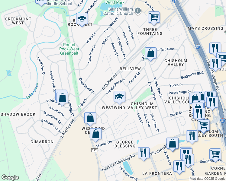 map of restaurants, bars, coffee shops, grocery stores, and more near 2010 Laura Court in Round Rock