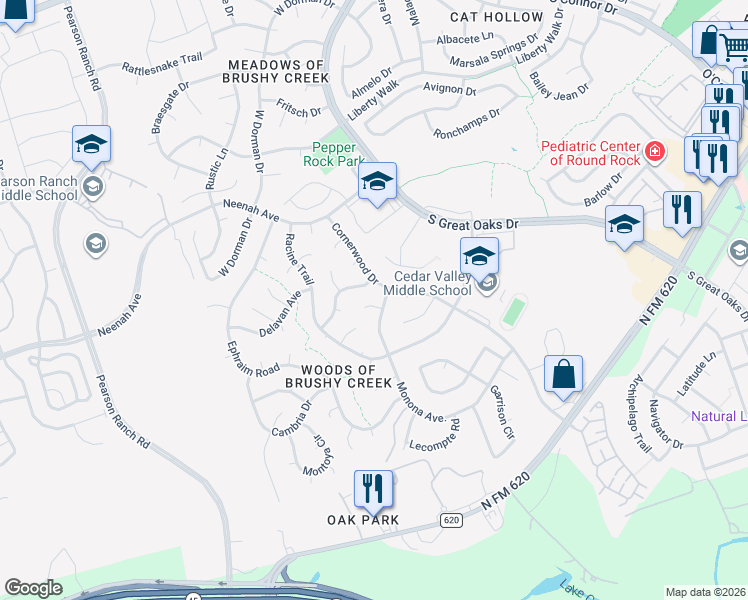 map of restaurants, bars, coffee shops, grocery stores, and more near 8300 Mendota Cove in Austin