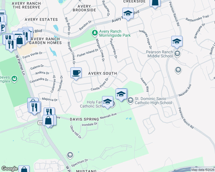 map of restaurants, bars, coffee shops, grocery stores, and more near 15109 Fernhill Drive in Austin