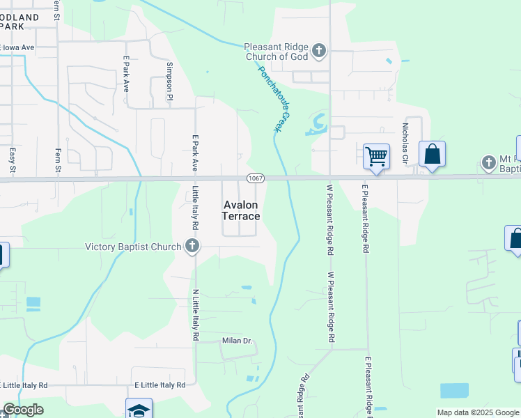map of restaurants, bars, coffee shops, grocery stores, and more near 17654 Avalon Terrace in Hammond