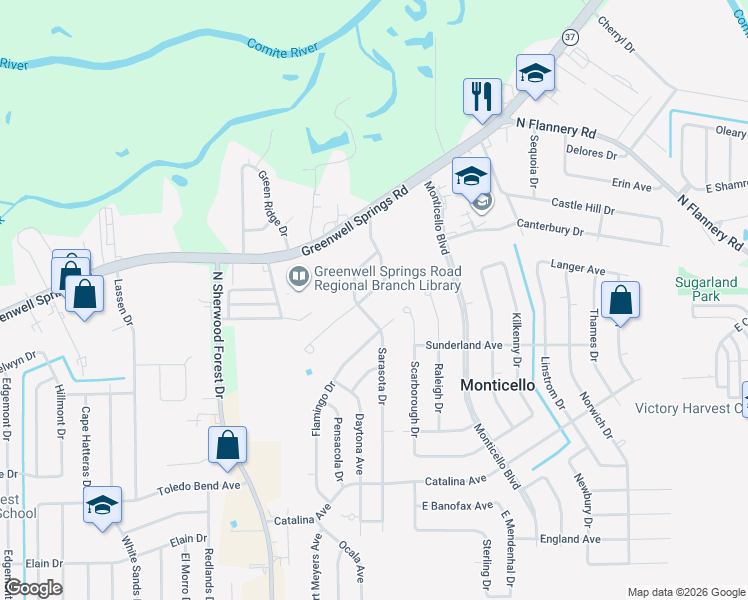 map of restaurants, bars, coffee shops, grocery stores, and more near 11722 Biscayne Drive in Baton Rouge