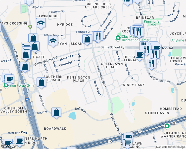 map of restaurants, bars, coffee shops, grocery stores, and more near 2088 Stratford Drive in Round Rock