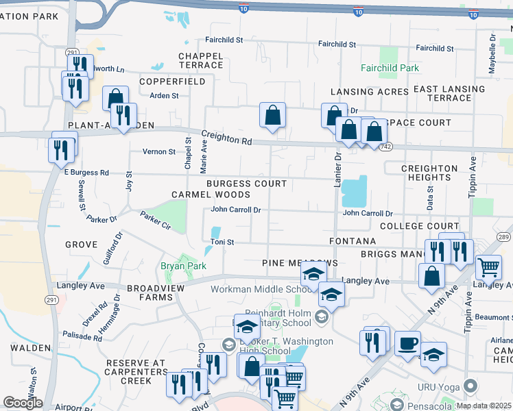 map of restaurants, bars, coffee shops, grocery stores, and more near 1492 John Carroll Drive in Pensacola