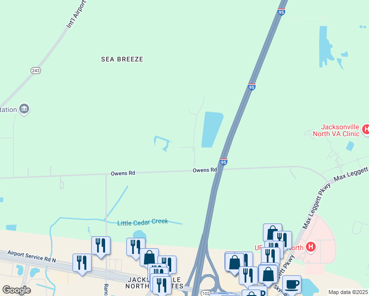 map of restaurants, bars, coffee shops, grocery stores, and more near 14198 Sharon Owens Road in Jacksonville