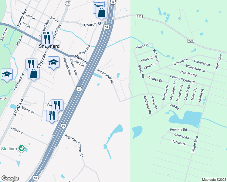 map of restaurants, bars, coffee shops, grocery stores, and more near 240 Shoemaker Road in Shepherd