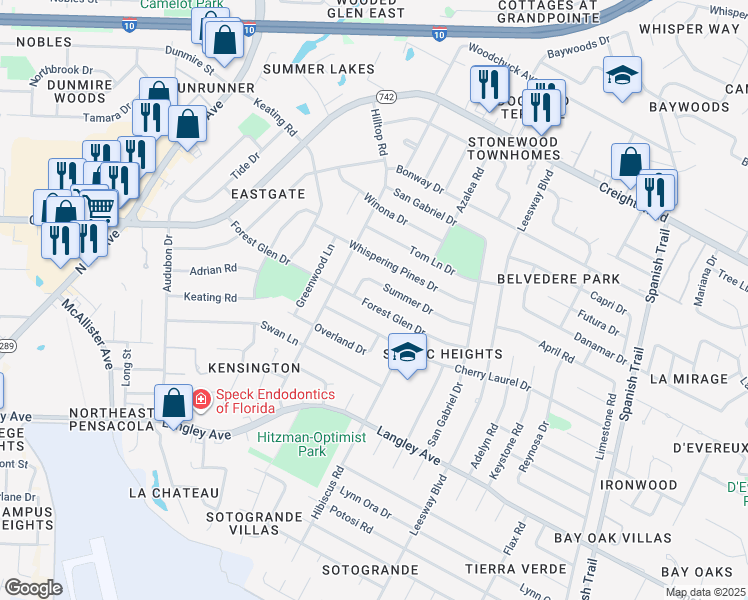 map of restaurants, bars, coffee shops, grocery stores, and more near 3700 Forest Glen Drive in Pensacola