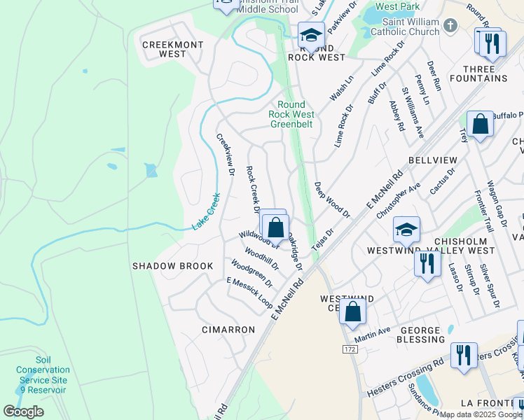 map of restaurants, bars, coffee shops, grocery stores, and more near 1904 Oakridge Drive in Round Rock