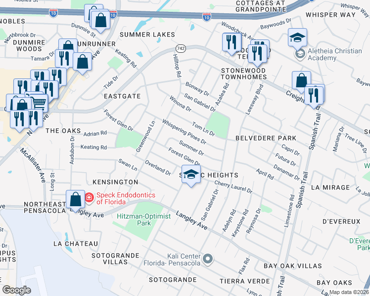 map of restaurants, bars, coffee shops, grocery stores, and more near 3720 Forest Glen Drive in Pensacola