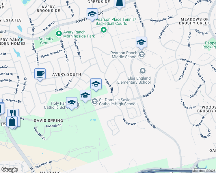 map of restaurants, bars, coffee shops, grocery stores, and more near 14928 Iveans Way in Austin