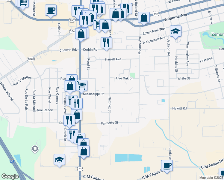 map of restaurants, bars, coffee shops, grocery stores, and more near 500 Mississippi Street in Hammond
