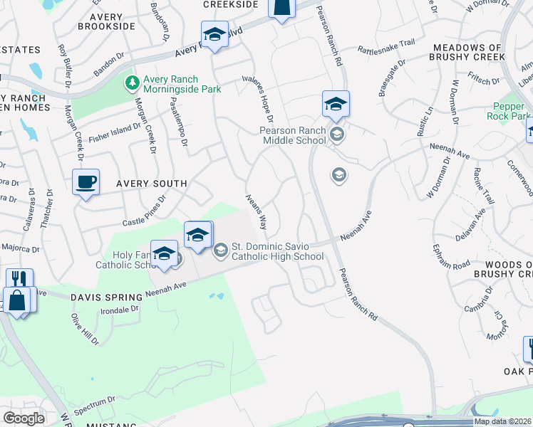 map of restaurants, bars, coffee shops, grocery stores, and more near 14913 Iveans Way in Austin