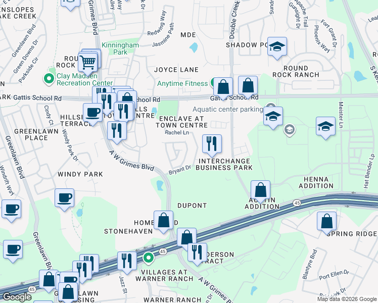 map of restaurants, bars, coffee shops, grocery stores, and more near 2154 Rachel Lane in Round Rock