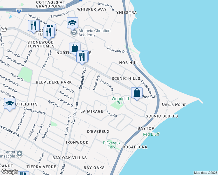 map of restaurants, bars, coffee shops, grocery stores, and more near 4555 Tree Line Drive in Pensacola