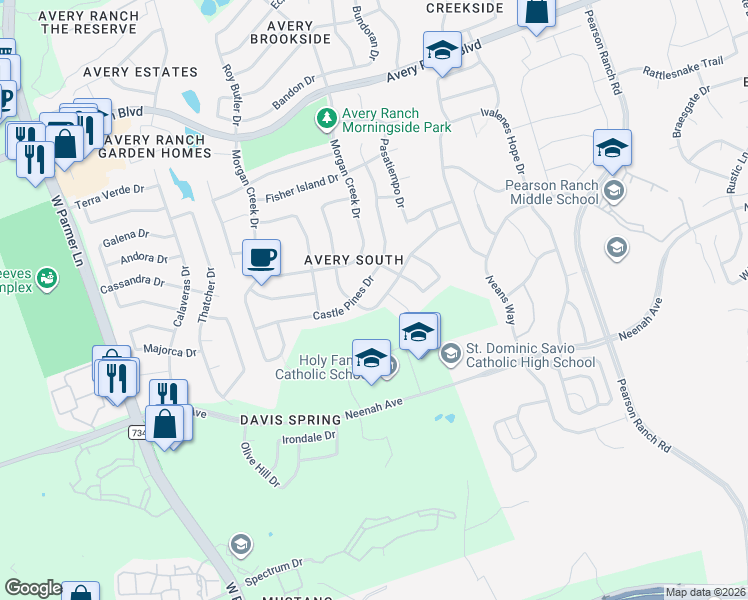 map of restaurants, bars, coffee shops, grocery stores, and more near 15109 Fernhill Drive in Austin