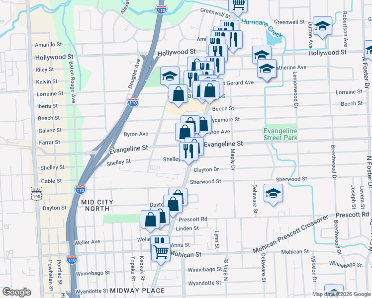 map of restaurants, bars, coffee shops, grocery stores, and more near 4637 Plank Road in Baton Rouge