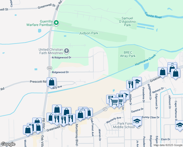 map of restaurants, bars, coffee shops, grocery stores, and more near 4555 Sunnybrook Drive in Baton Rouge