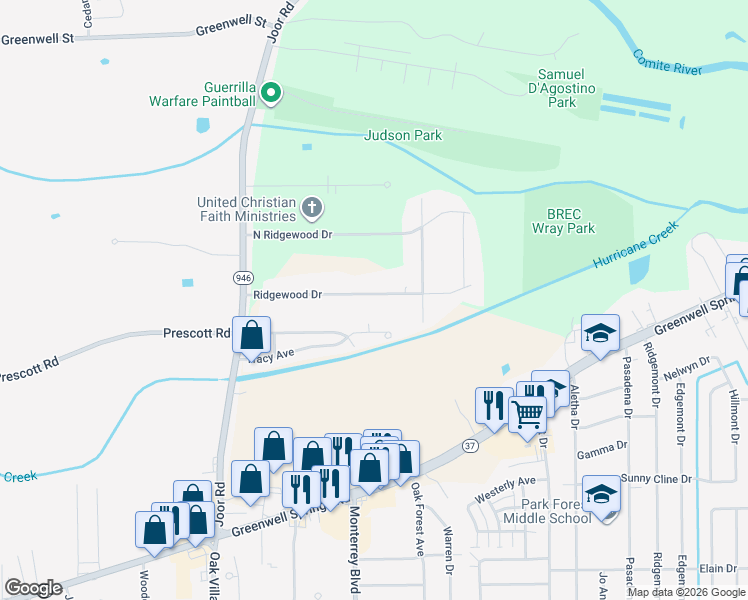 map of restaurants, bars, coffee shops, grocery stores, and more near 9412 Ridgewood Drive in Baton Rouge