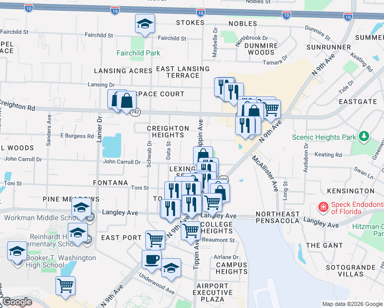 map of restaurants, bars, coffee shops, grocery stores, and more near 6610 Allyn Way in Pensacola