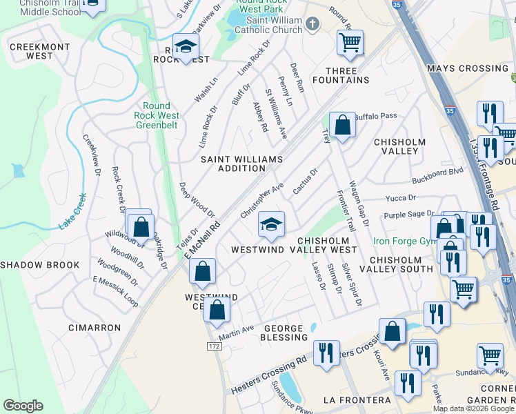 map of restaurants, bars, coffee shops, grocery stores, and more near 2010 Laura Court in Round Rock