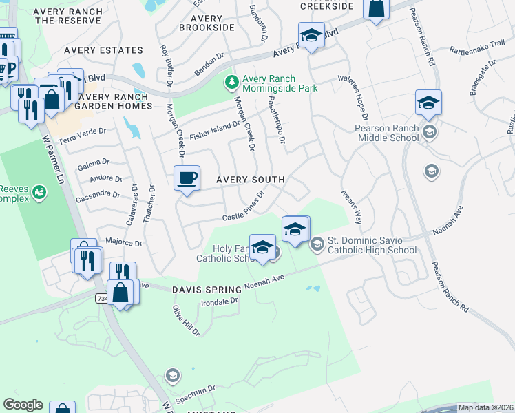 map of restaurants, bars, coffee shops, grocery stores, and more near 15109 Fernhill Drive in Austin
