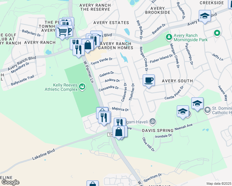 map of restaurants, bars, coffee shops, grocery stores, and more near 10009 Lachlan Drive in Austin
