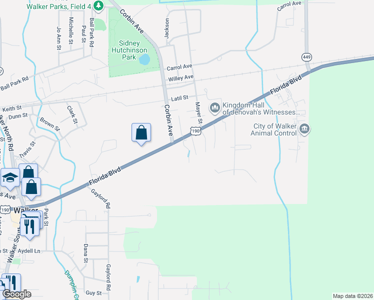 map of restaurants, bars, coffee shops, grocery stores, and more near 10690 Florida Boulevard in Walker