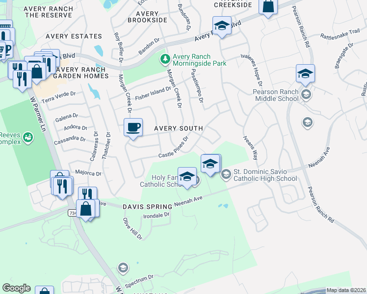map of restaurants, bars, coffee shops, grocery stores, and more near 15109 Fernhill Drive in Austin